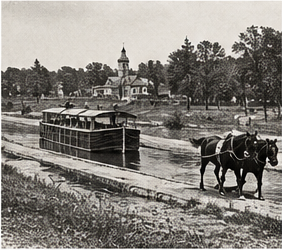 Black-and-white editorial illustration of horses pulling a canal boat past a small community.