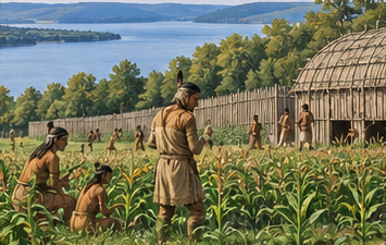 Editorial illustration of people tending crops near a longhouse and lake in a Haudenosaunee community.