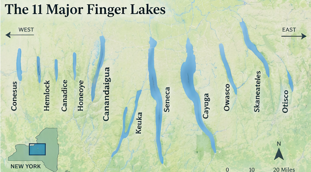 Simplified map showing New York’s 11 major Finger Lakes from Conesus Lake in the west to Otisco Lake in the east.