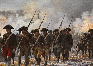 Editorial illustration of Revolutionary War-era Continental troops marching through a smoky winter landscape.