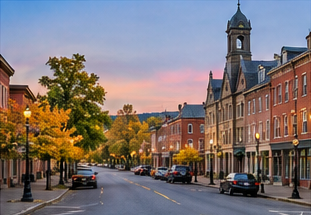 Historic downtown street with brick buildings, autumn trees and a prominent clock tower.