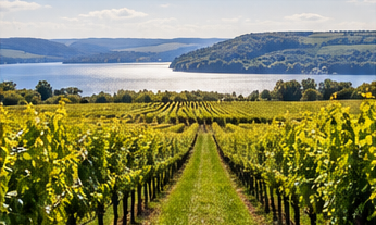 Rows of grapevines descending toward a long lake surrounded by wooded hills.