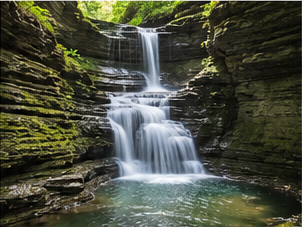 Multi-level waterfall flowing through a steep, moss-covered gorge.